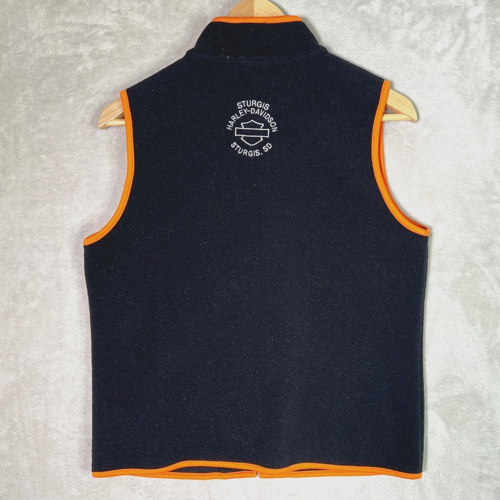 VINTAGE Harley Davidson Fleece Zip Up Vest Womens Small Black Orange Sturgis SD